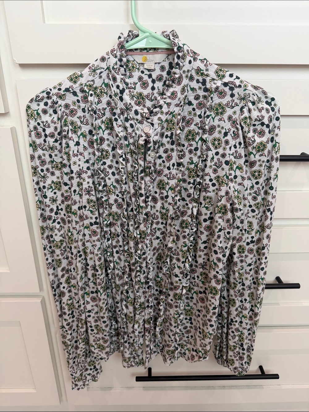 Boden White Floral Ruffle-Front Blouse with Green Accents